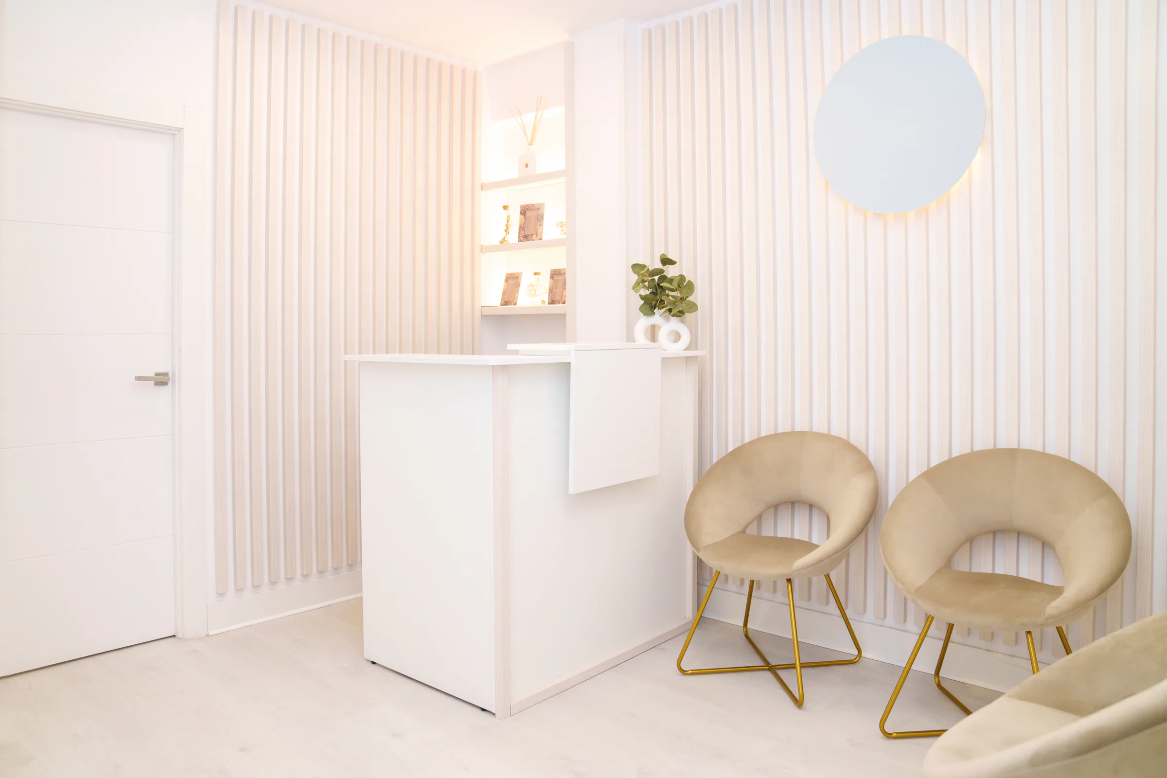 A bright salon reception with two beige armchairs