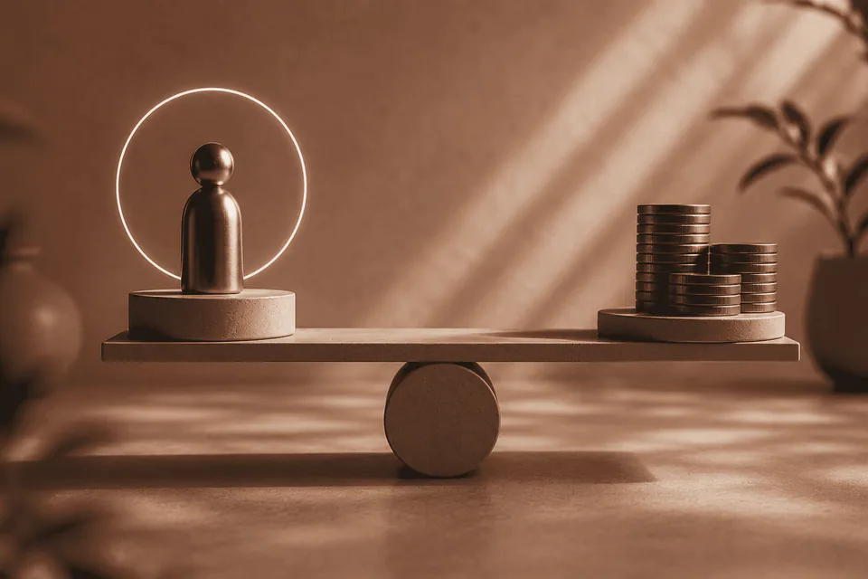 Gold scales with a figure and coins: the balance of value and price in business
