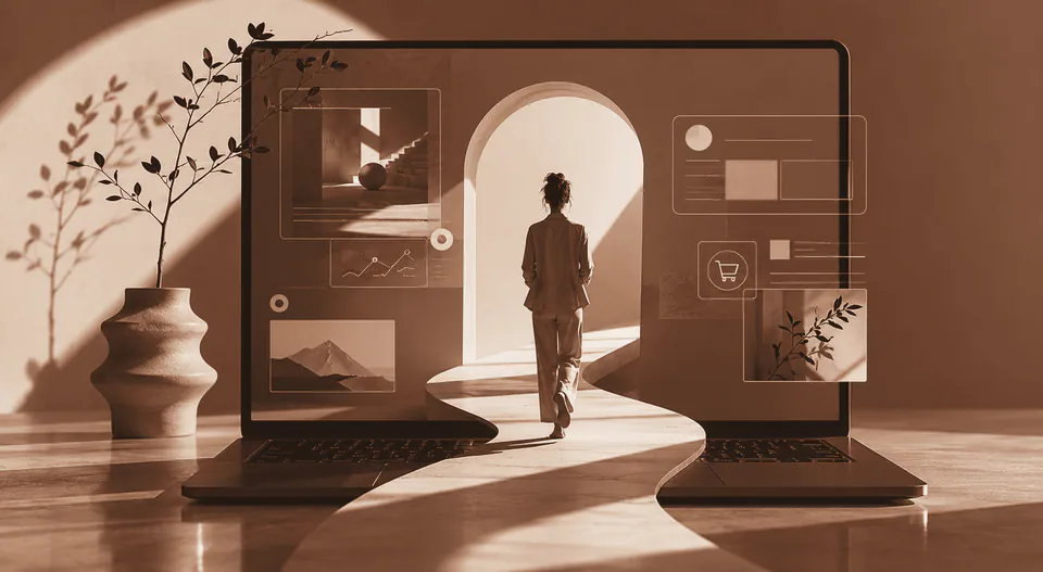 A woman walking through a website as a digital system