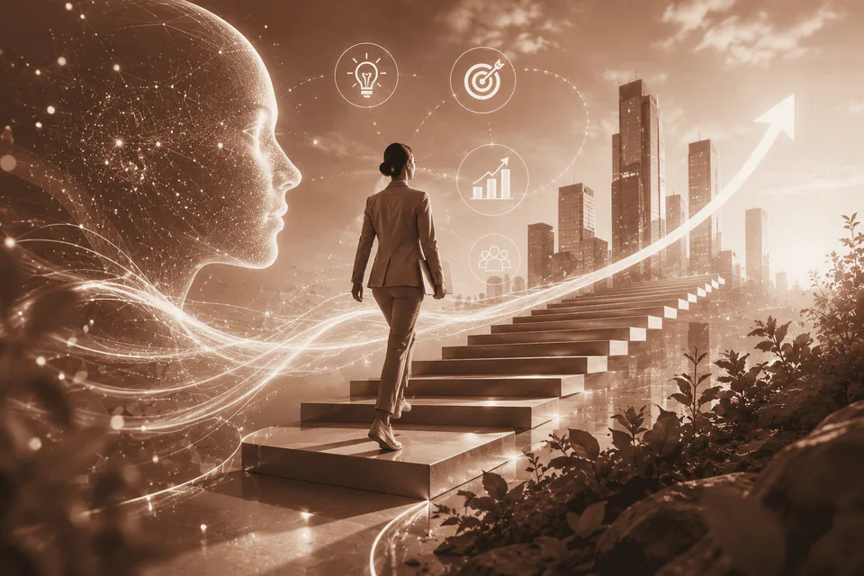 Businesswoman with AI and strategic growth icons, artificial intelligence for business