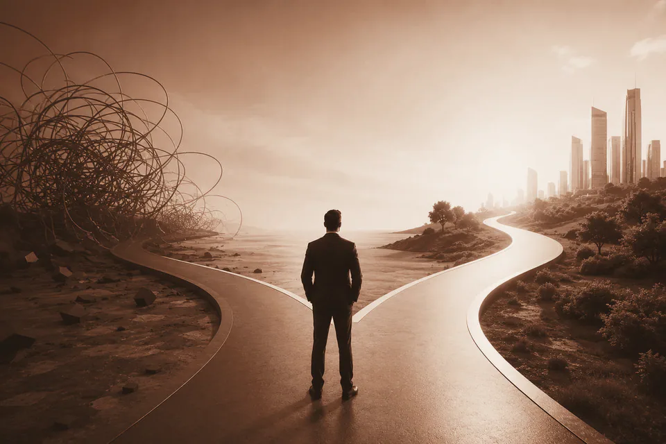 Business owner at a crossroads between chaos and a clear path, deciding on an AI strategy