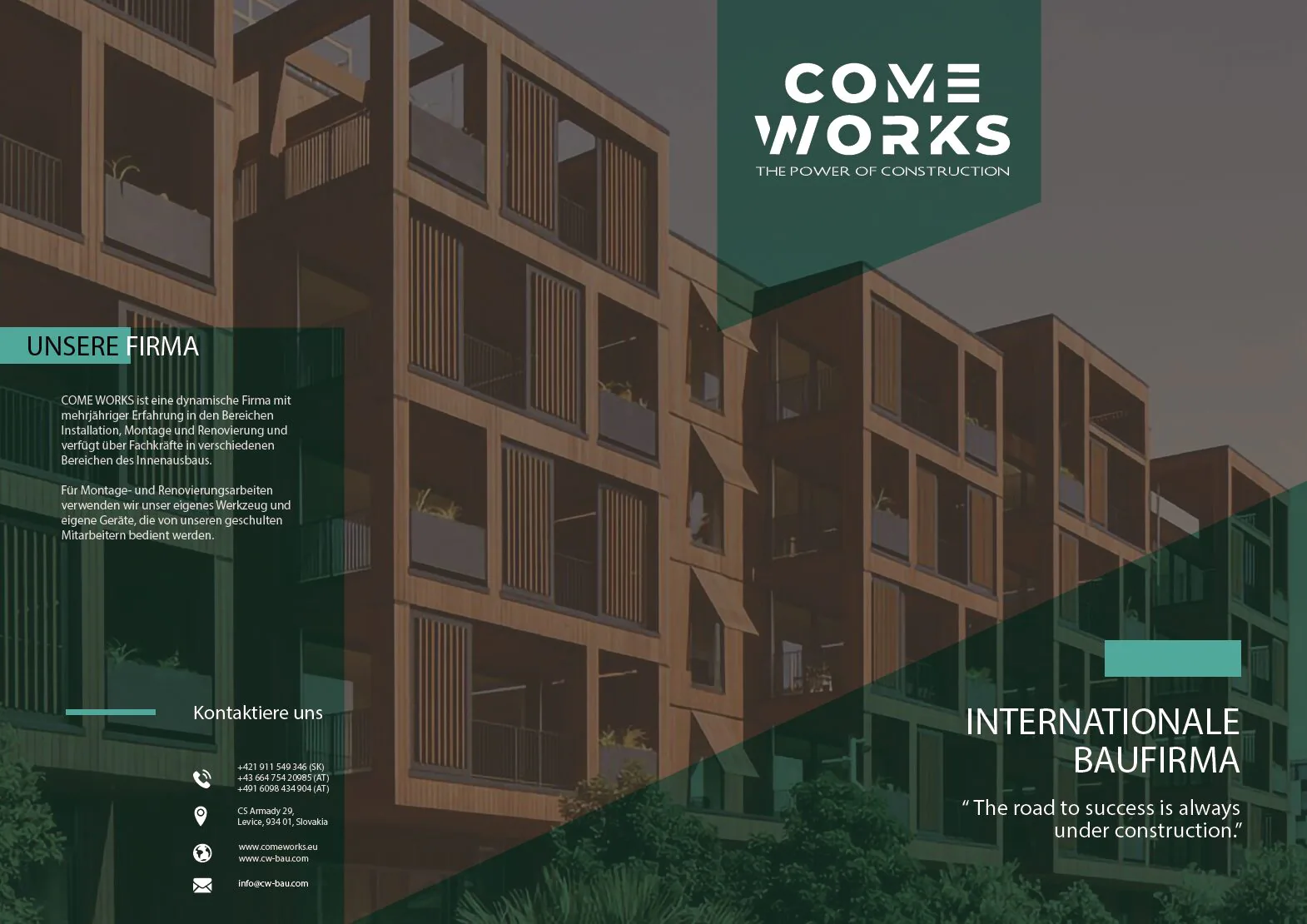 Banner COME WORKS s fotografiou modernej budovy