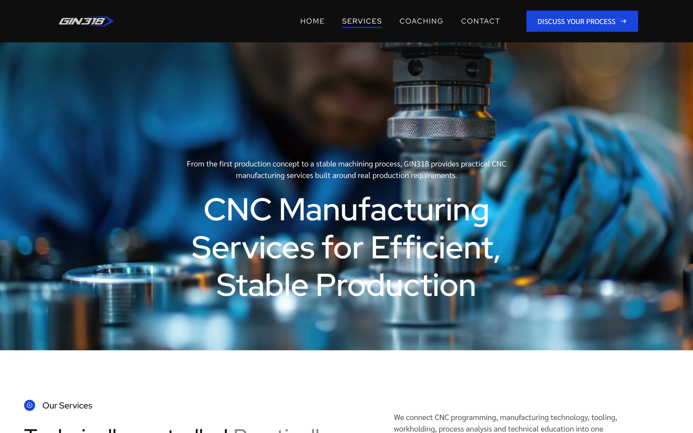 Stránka Services webu GIN318, CNC Manufacturing Services for Efficient, Stable Production