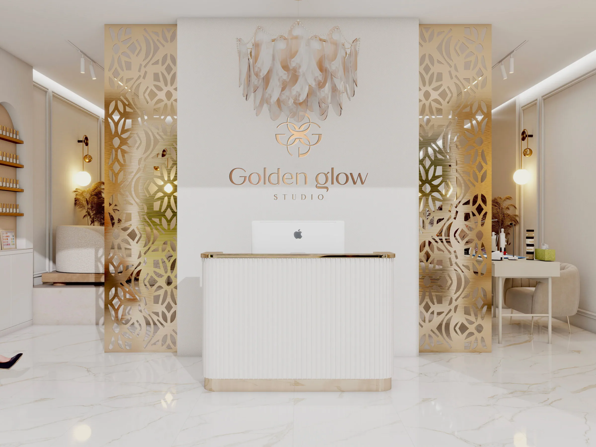 Recepcia salónu s logom Golden Glow Studio
