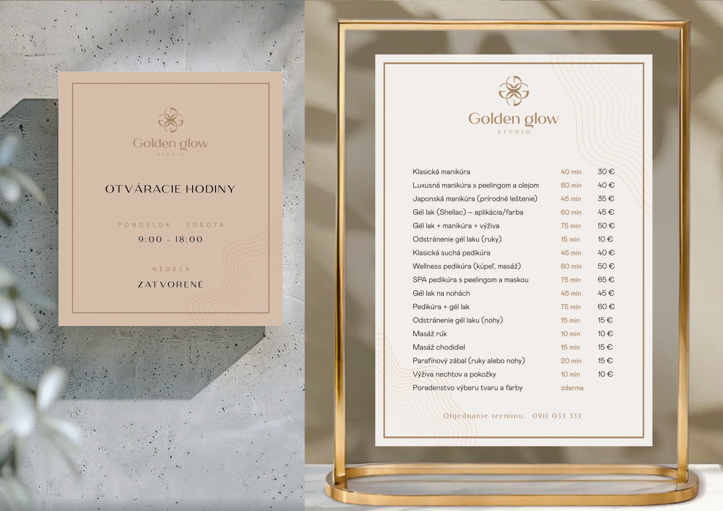 Cenník Golden Glow Studio v zlatom rámčeku