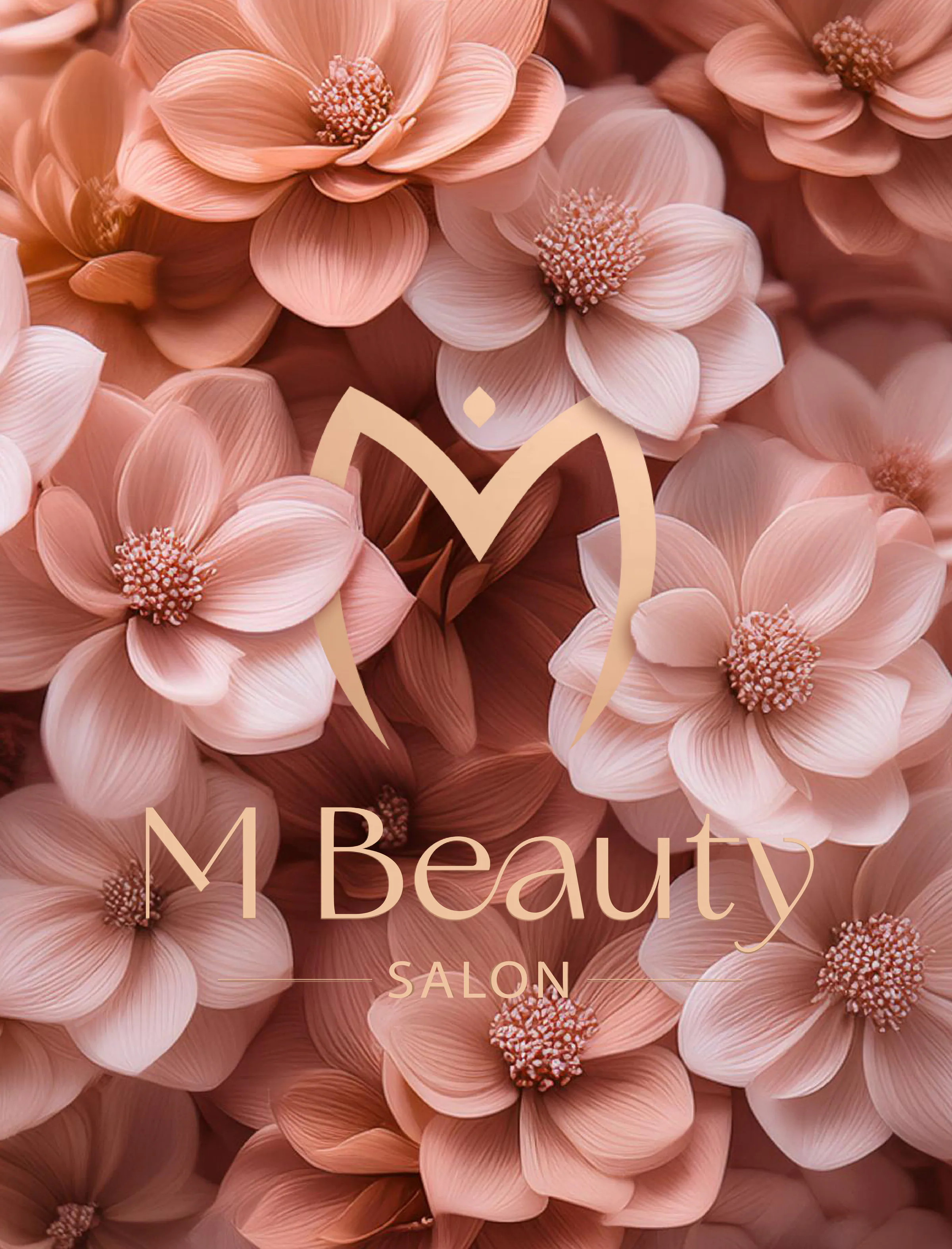 Logo M Beauty medzi ružovými kvetmi