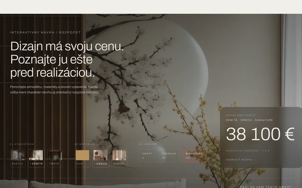 Mood, material and level-of-finish configurator with an indicative budget on the RealitySmart website