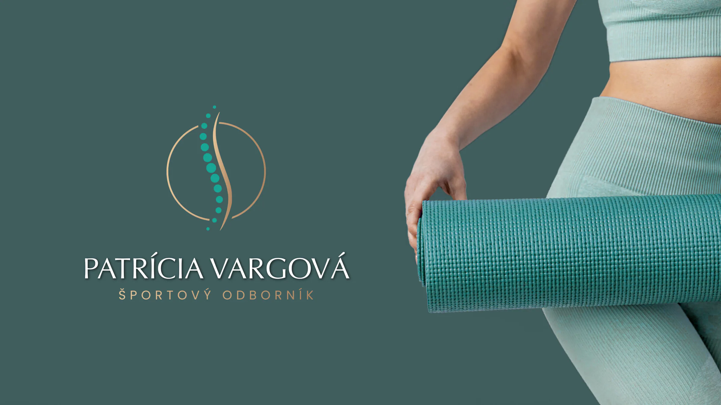 Logo Patrícia Vargová na zelenom pozadí s podložkou na cvičenie