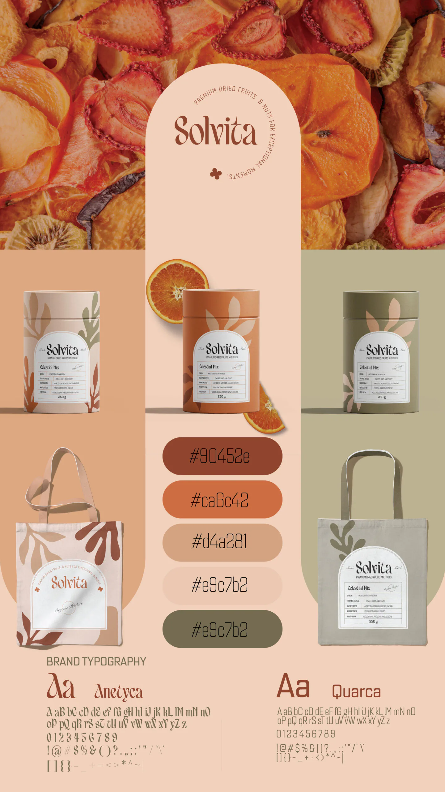 Brand board Solvita: paleta, typografia a produkty