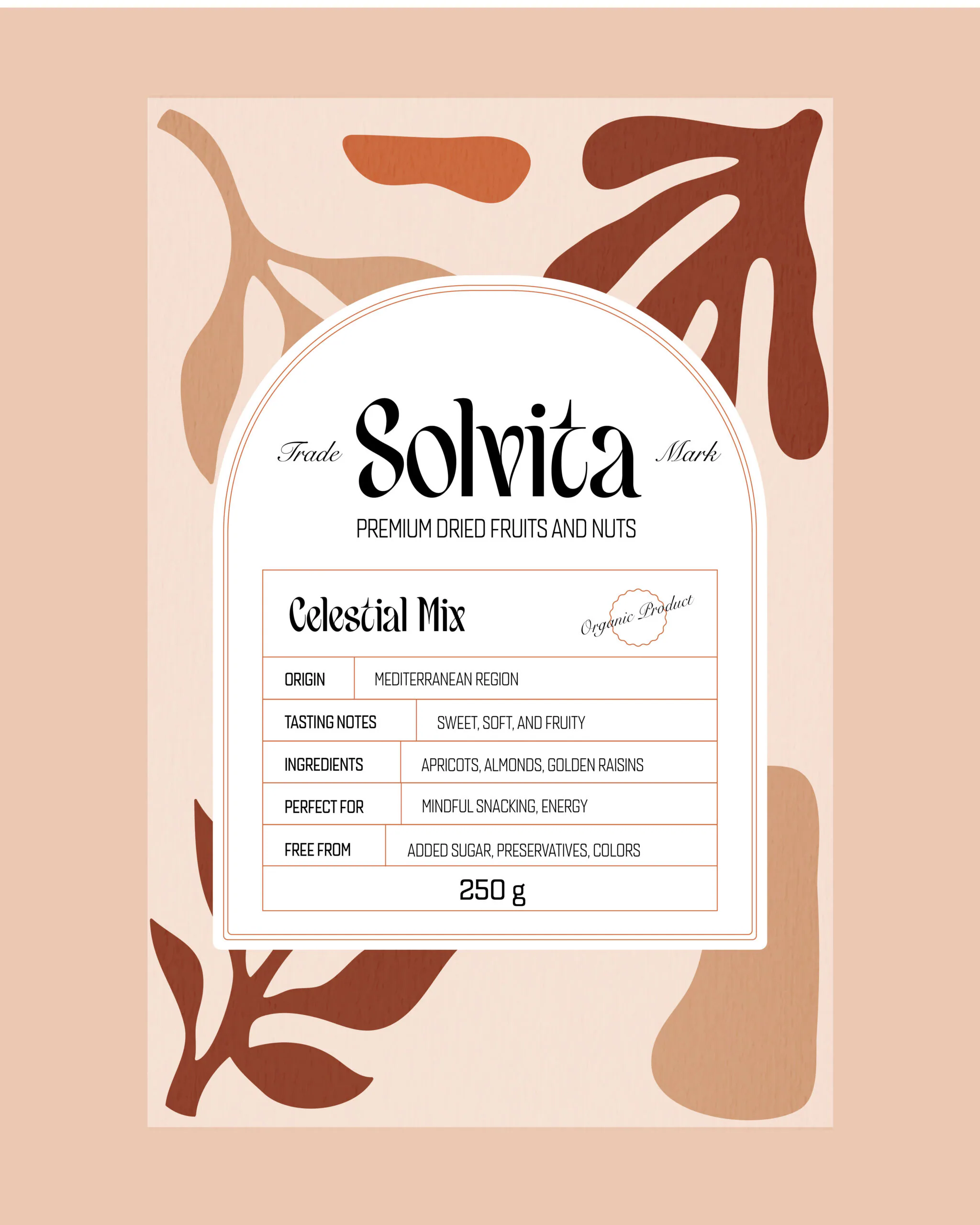 Etiketa Solvita s organickými tvarmi listov