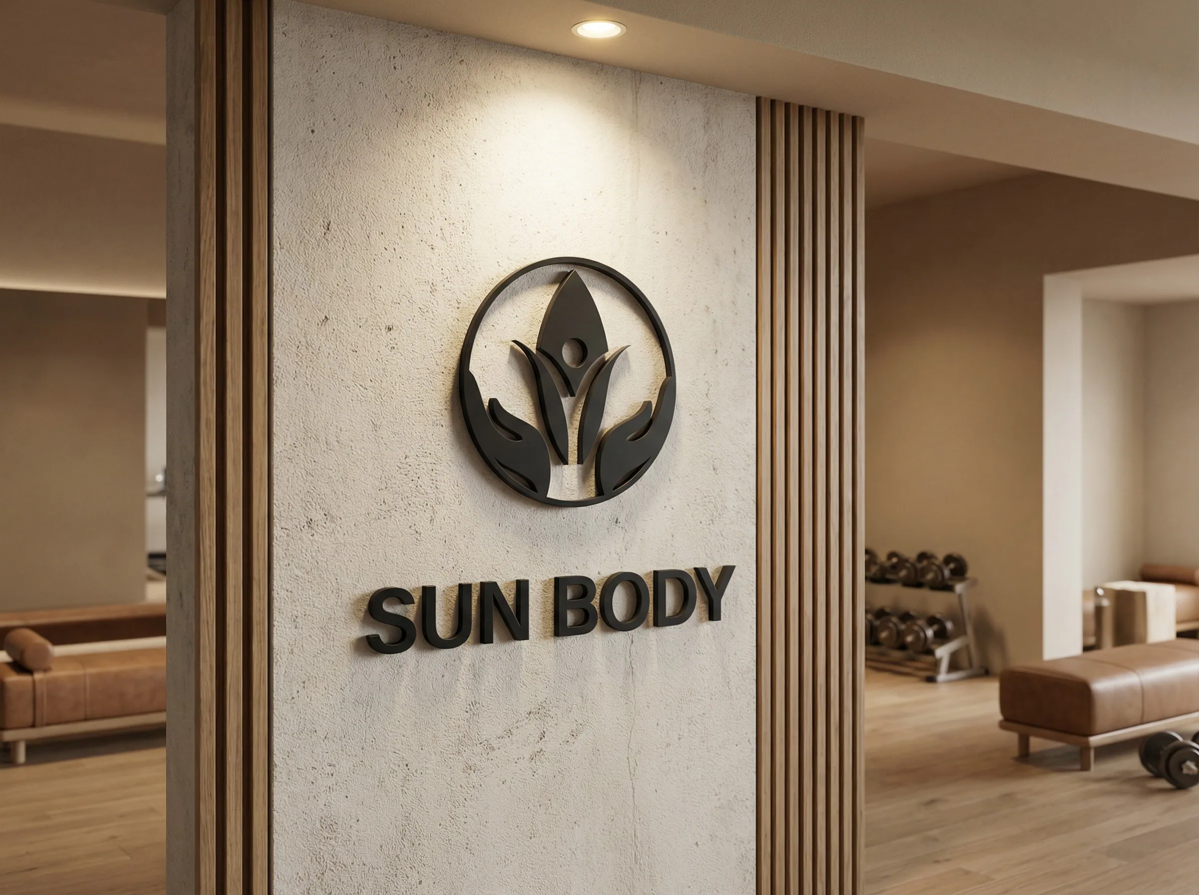 Priestorové logo SunBody na stene štúdia