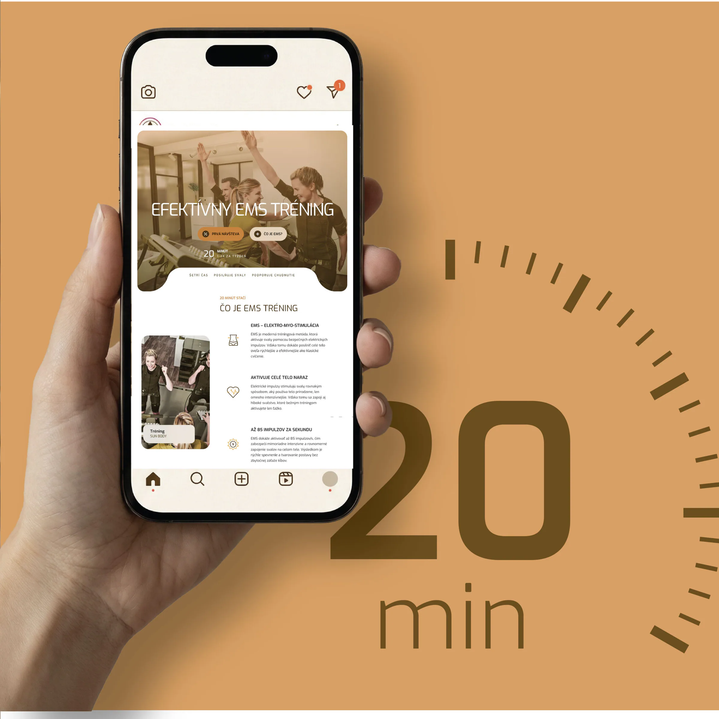 Mobilný web SunBody v ruke a motív 20-minútového tréningu