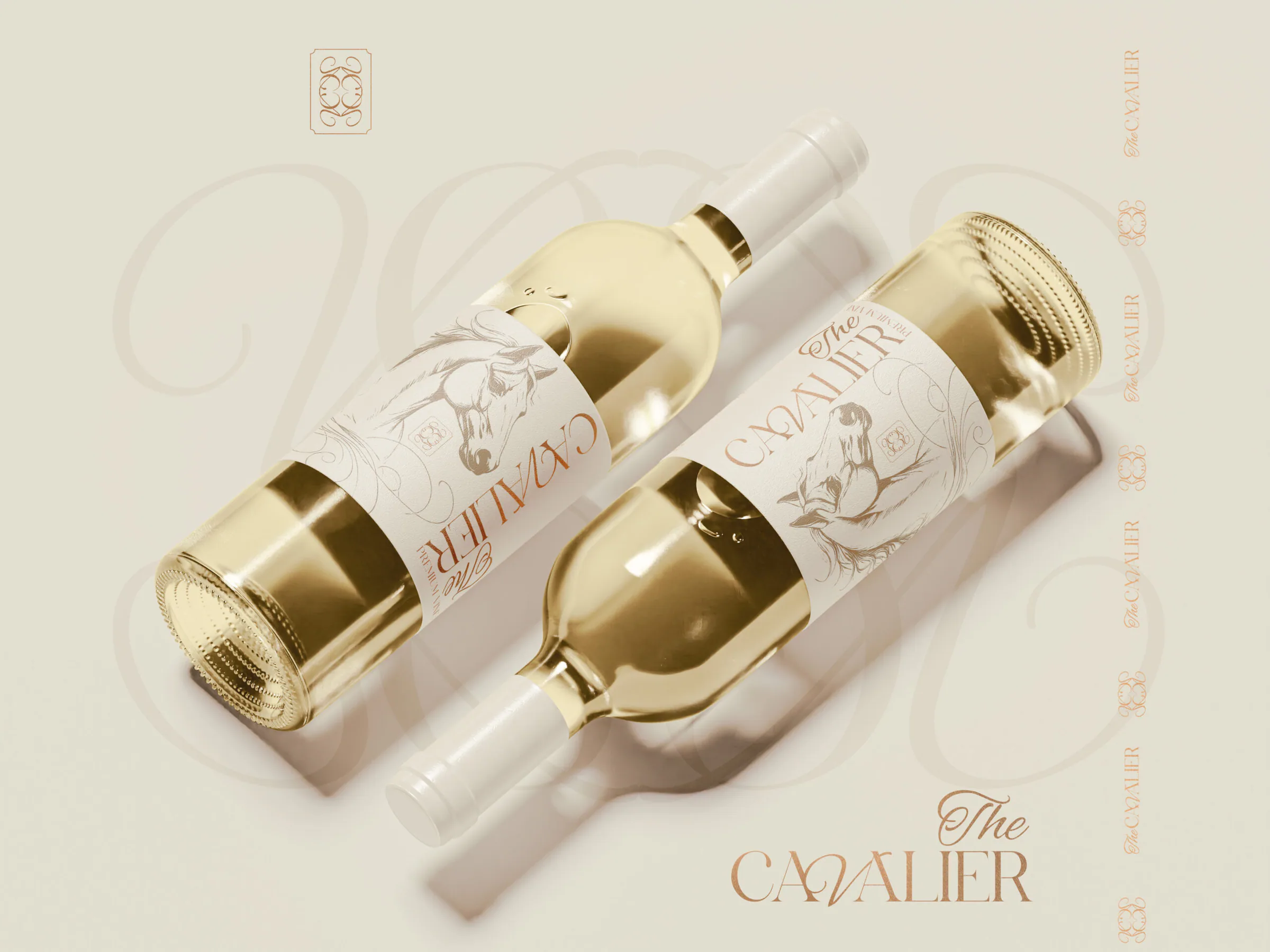 Dve fľaše vína The Cavalier s etiketou s ilustráciou koňa