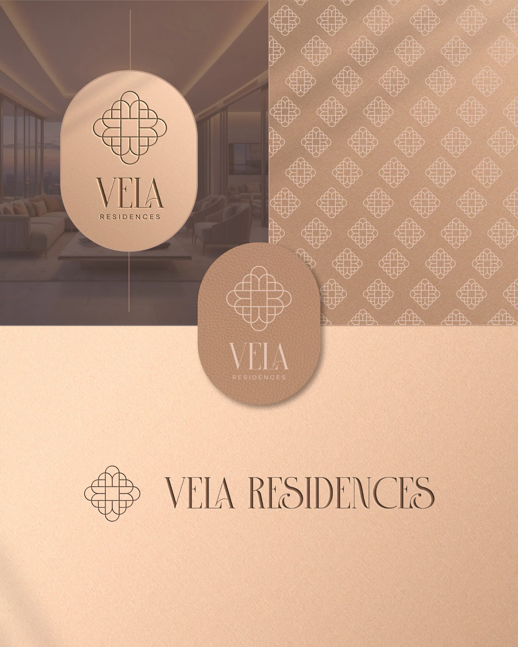 Moodboard identity VELA Residences s logom a vzorom