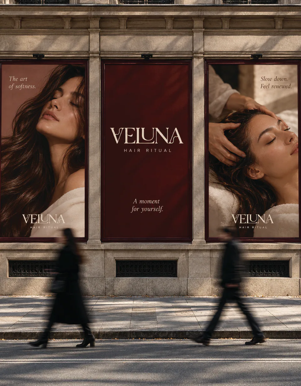 VELUNA posters in a shop window in the city