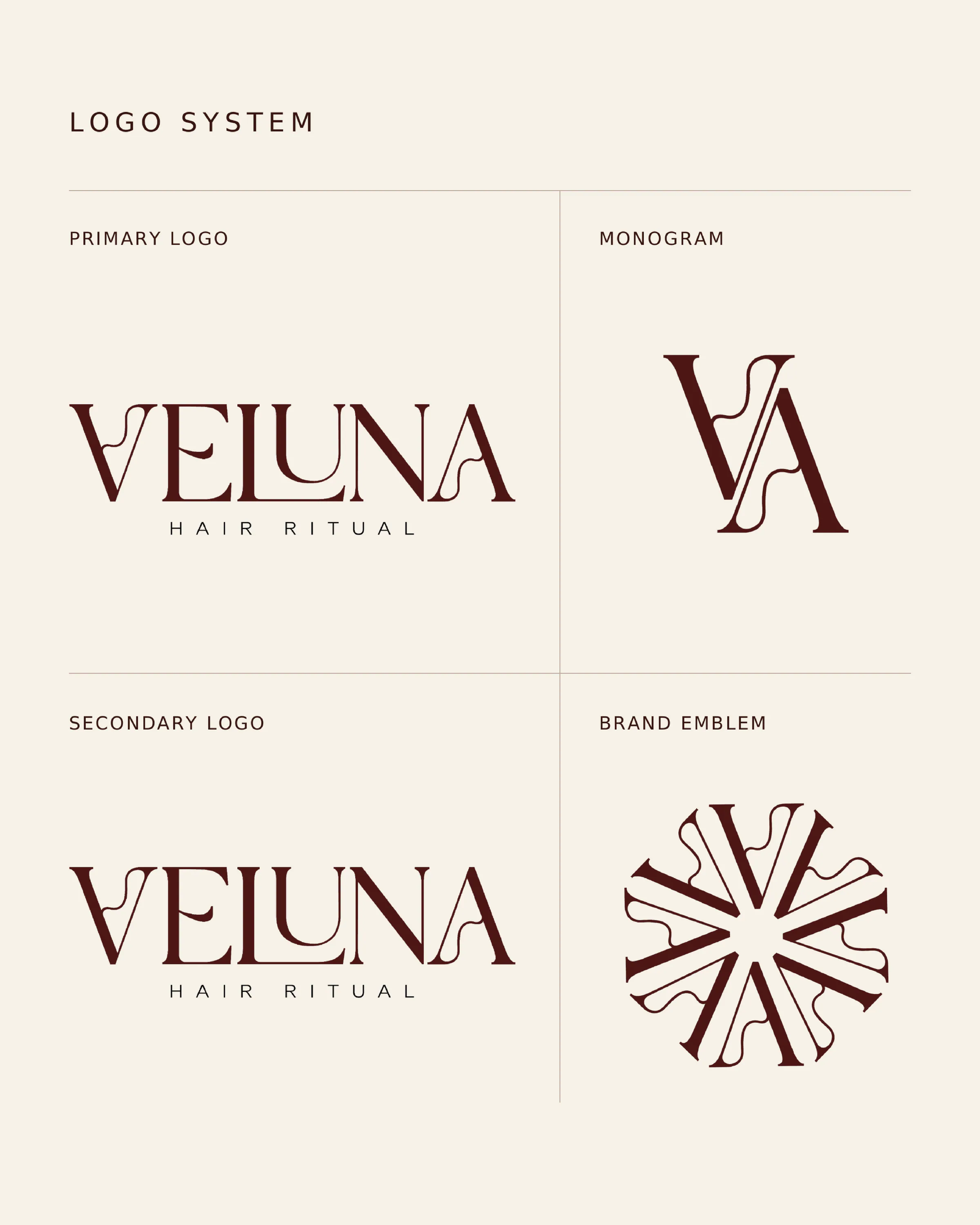 Logo systém VELUNA: hlavné logo, monogram VA, sekundárne logo a emblém