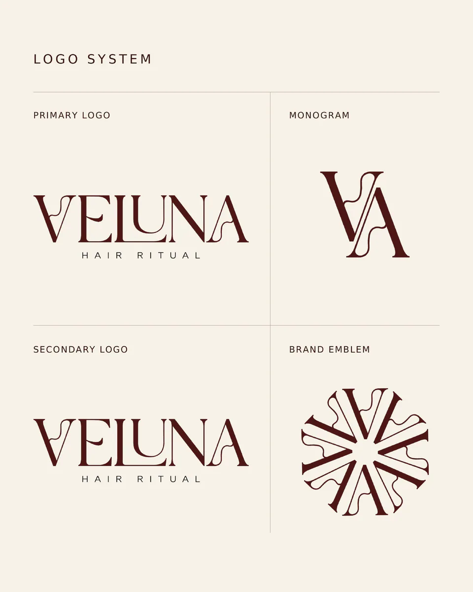 VELUNA logo system: main logo, VA monogram, secondary logo and emblem