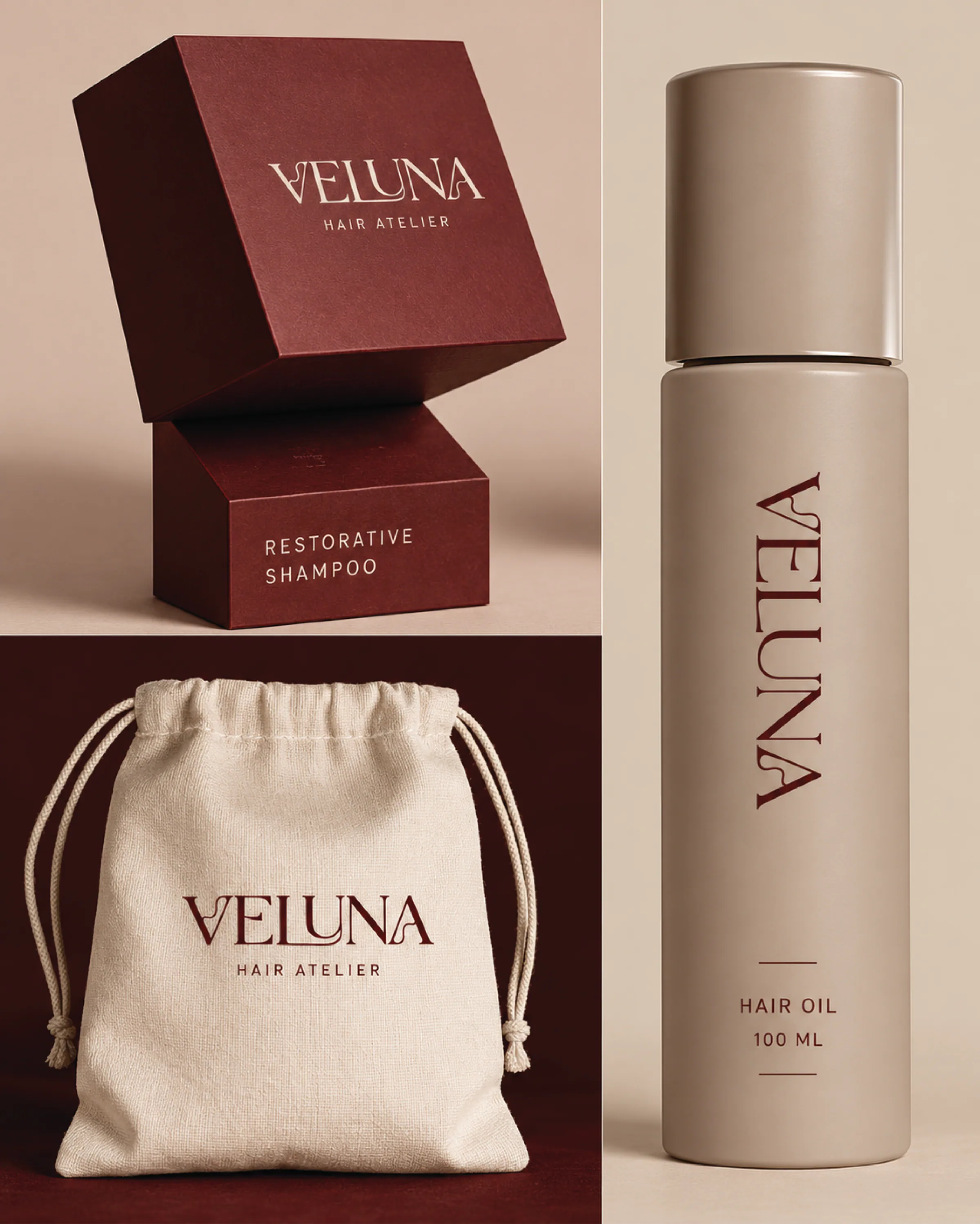 Produktová kolekcia VELUNA: krabička, vrecko a fľaša